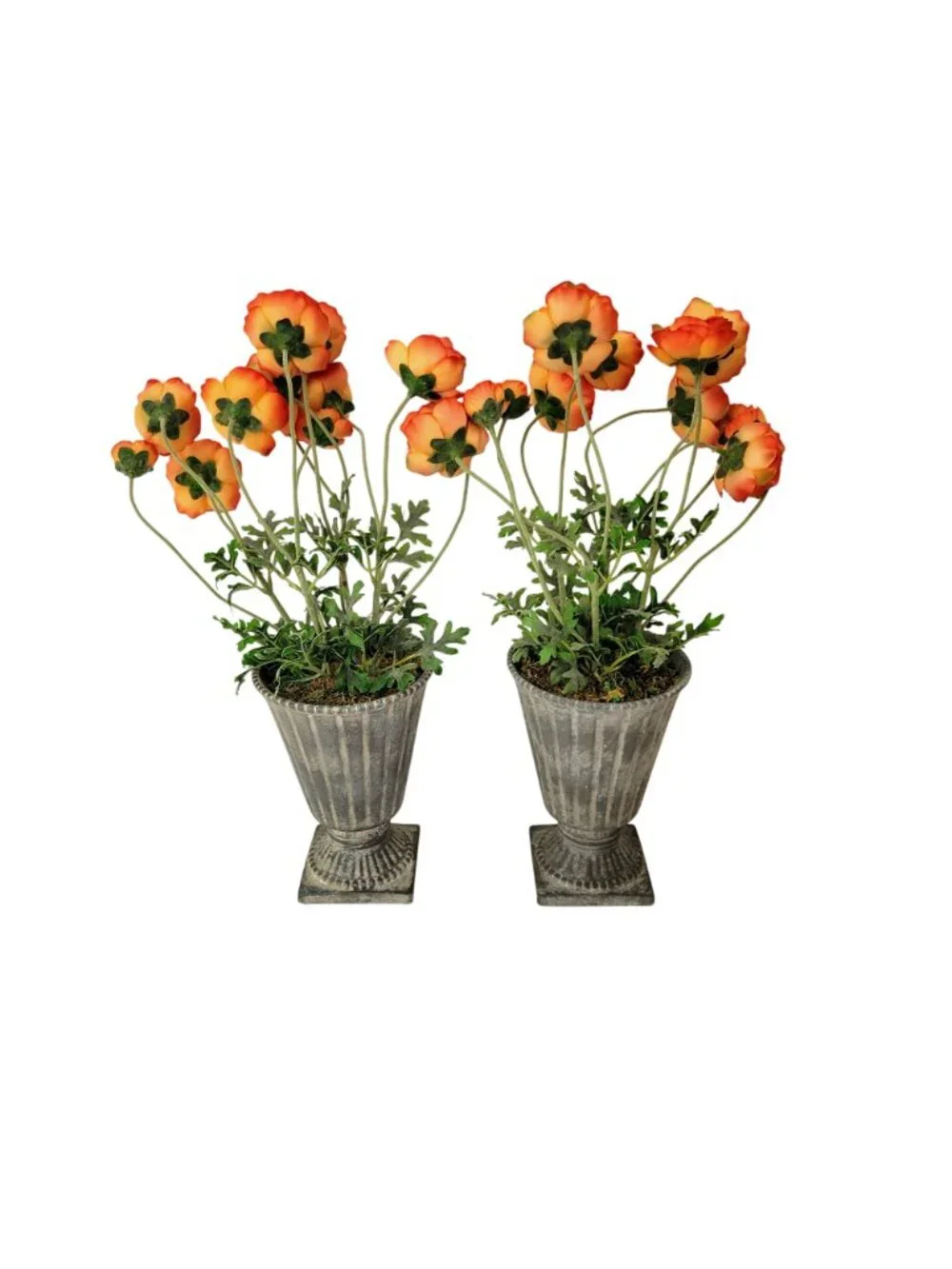 Pair Of Artificial Ranunculus Flowers In Aged Metal Look Ceramic Urn Planters Vi